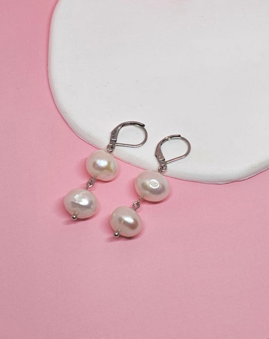 Double Pearl Drop Earrings Silver