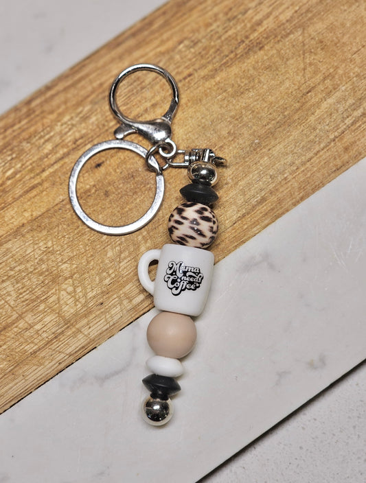 Mama Needs Coffee Keychain - silver leopard