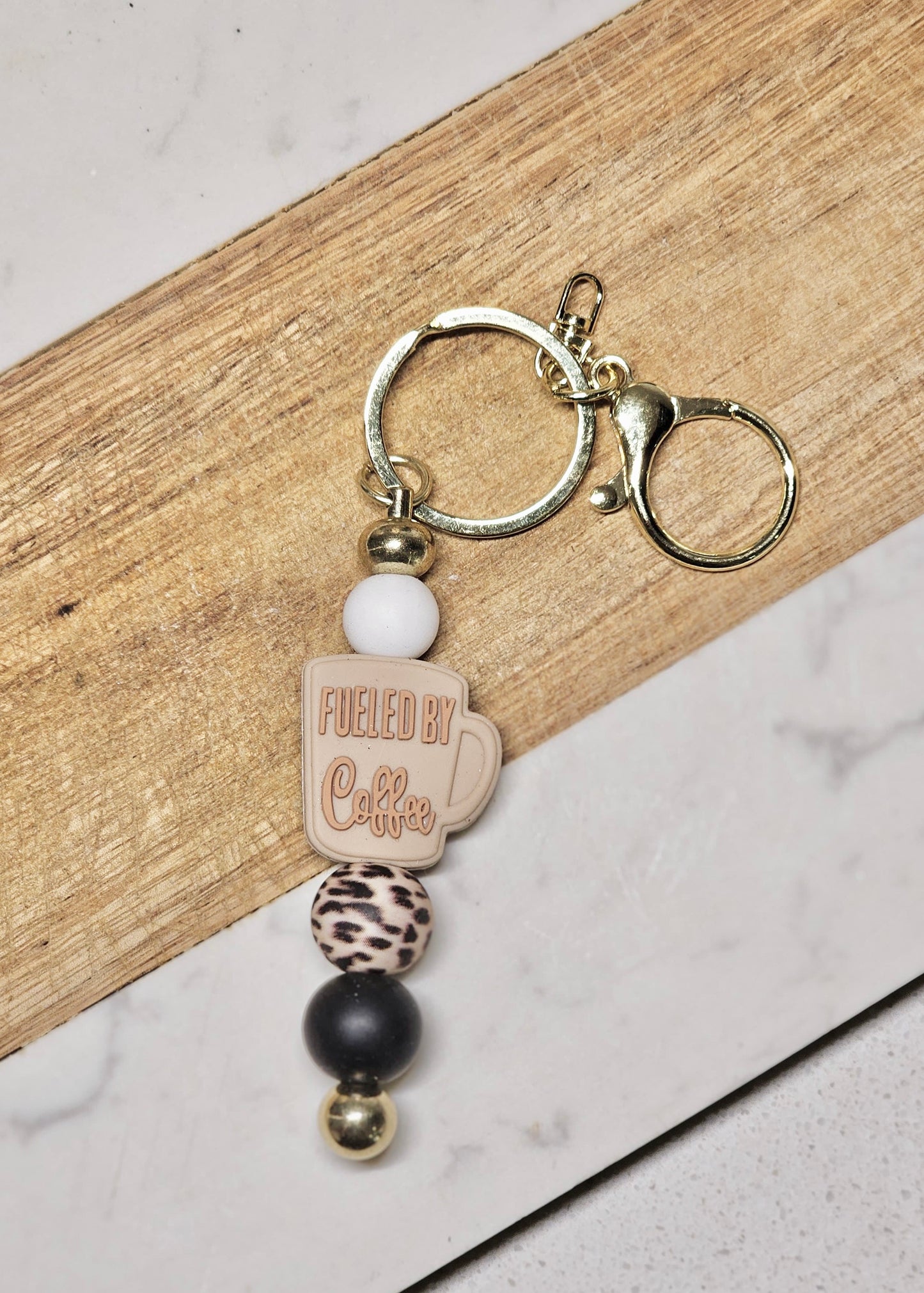 Fueled By Coffee Keychain - brown & leopard