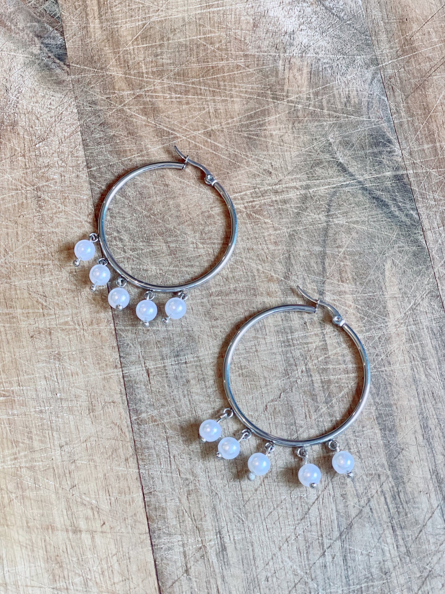 Silver pearly hoops