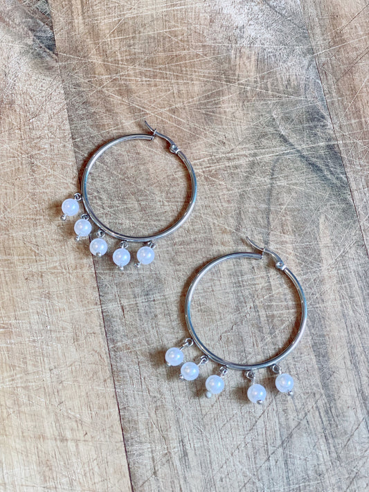 Silver pearly hoops